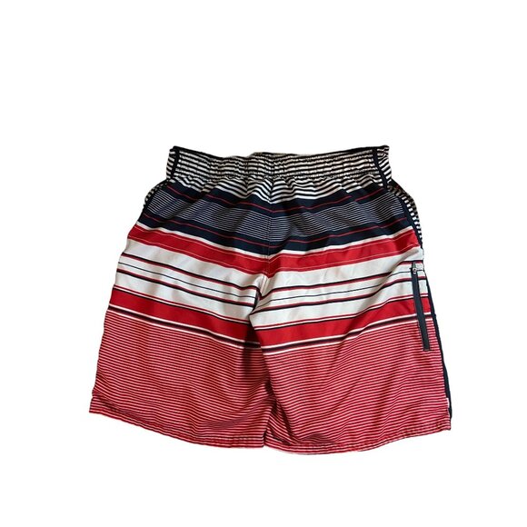Op Mens Striped Swim Board Shorts L Red White Blue Drawstring Side Pocket Y2K - Picture 2 of 7